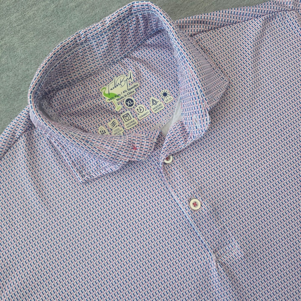 TailorByrd Men XL Performance Polo Shirt Pink Blue Geometric Golf SPF 30 Stretch
